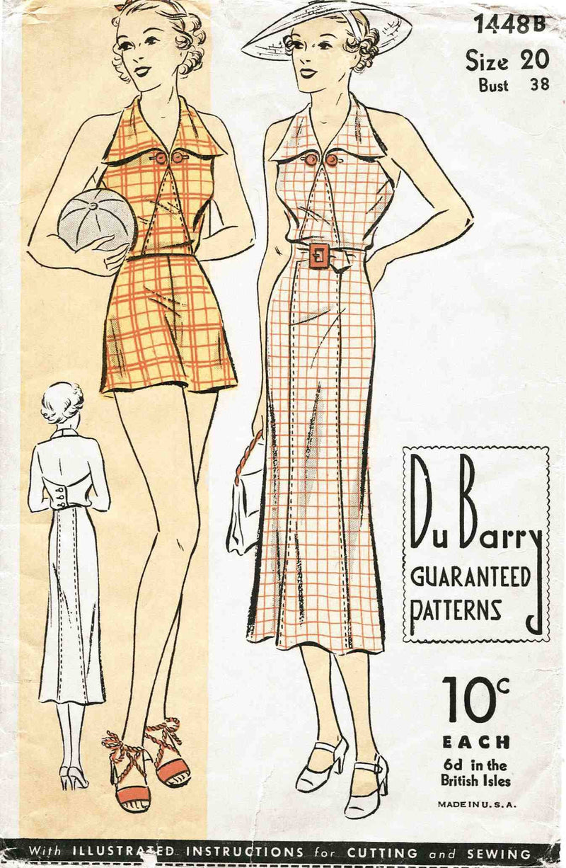 DuBarry 1448B 1930s beachwear playsuit sun dress vintage sewing pattern
