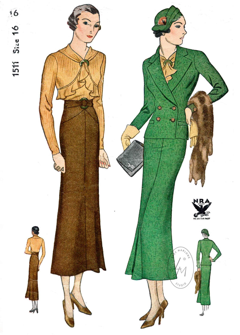 1930s 30s 3 piece ensemble blouse skirt double breasted suit jacket Simplicity 1511 art deco seam detail vintage sewing pattern reproduction