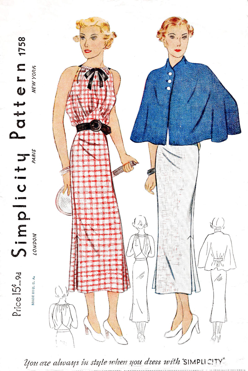 1930s 30s Simplicity 1758 open back sleeveless sports dress and capelet drawstring neckline vintage sewing pattern reproduction