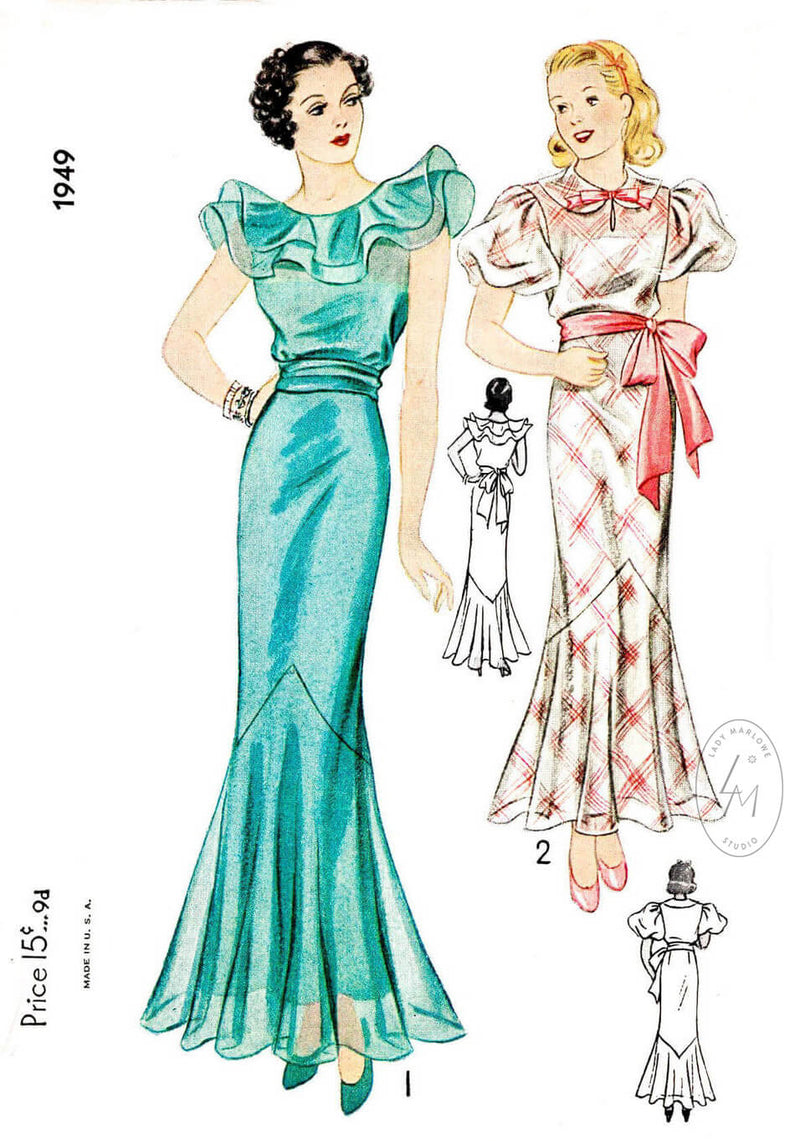 1930s 1936 Simplicity 1949 evening gown dinner dress tiered ruffles puff sleeves peter pan collar vintage sewing pattern reproduction