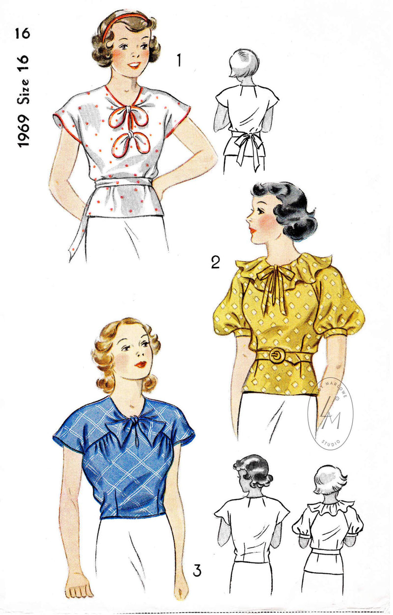 1930s 1936 set of blouses Simplicity 1969 drop shoulder bow accents puff sleeves ruffle collar raglan sleeve vintage sewing pattern reproduction