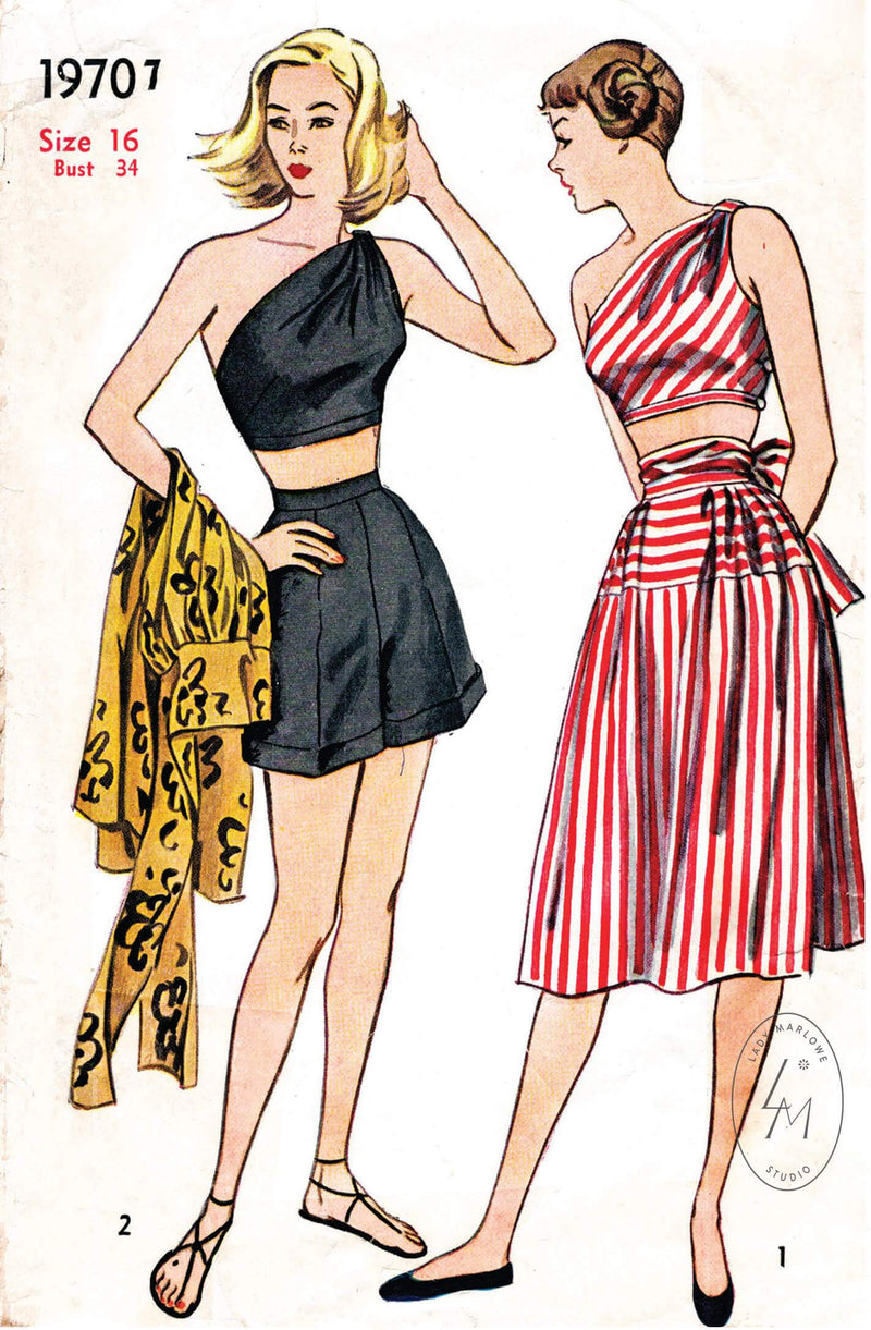 Simplicity 1970 1940s vintage sewing pattern 1940 1950 beachwear one shoulder top skirt 