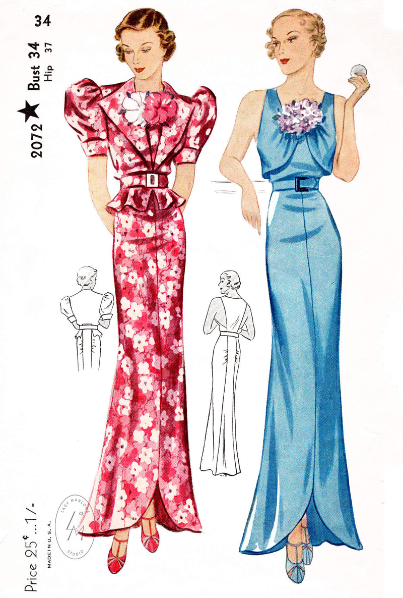 Simplicity 2072 1930s evening dress gown and bolero blouse vintage sewing pattern