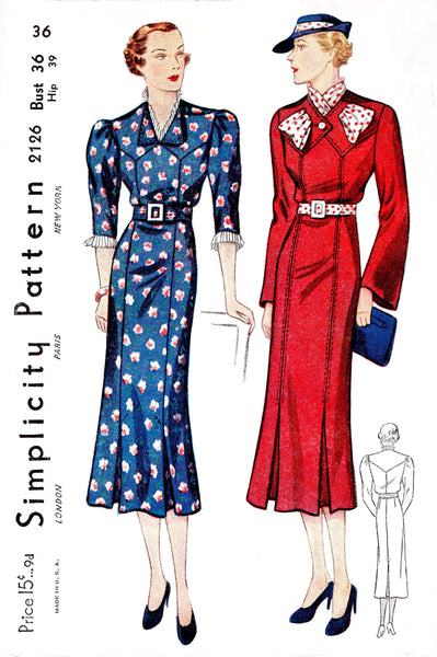 1930s Dress Pattern. High-waisted Dress, Long Sleeves and Flat Collar.  Original Vintage Size Bust 90 Cm / 35 36 
