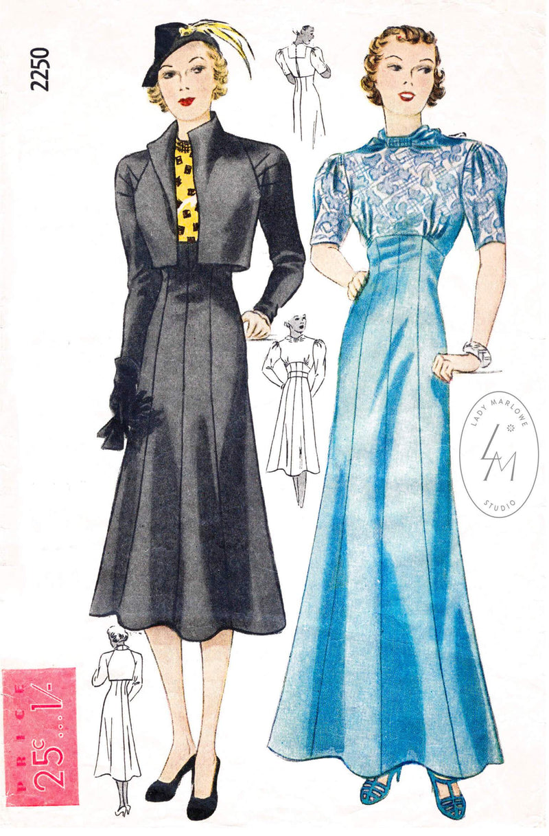 Simplicity 2250 1930s day or evening dress cropped bolero jacket vintage sewing pattern reproduction