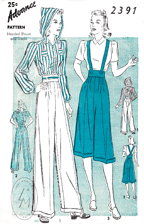 Advance 2391 1940s rosie the riveter workwear vintage sewing pattern reproduction culottes high waisted trousers suspender