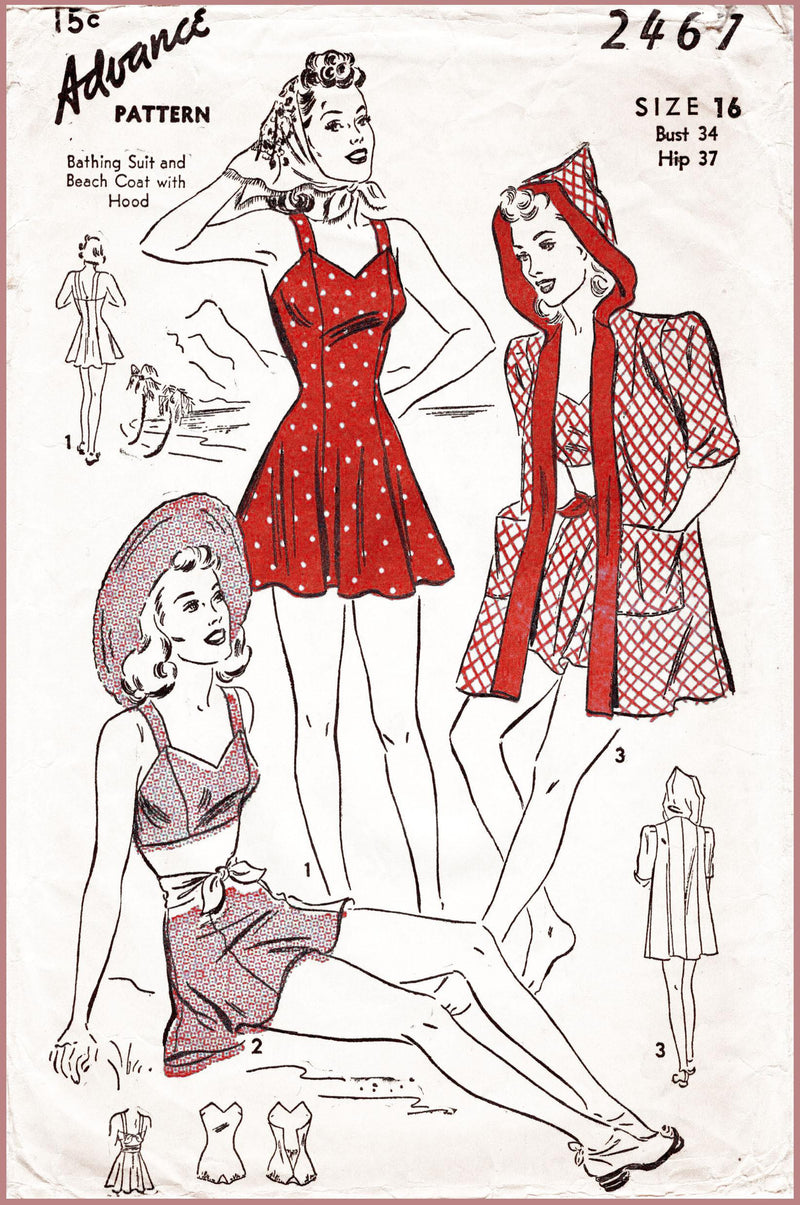 Advance 2467 1940s beachwear playsuit crop top vintage sewing pattern