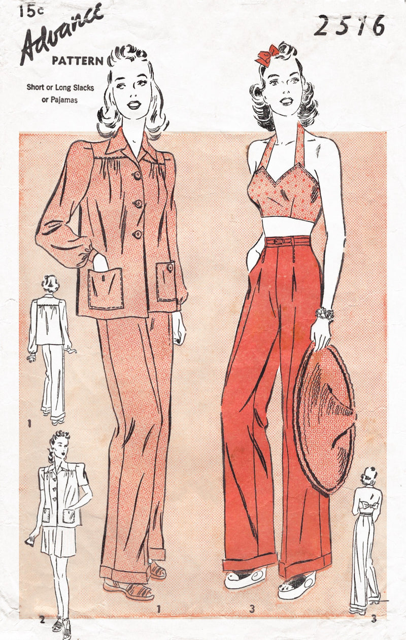 1940s vintage sewing pattern reproduction crop top halter high waist trousers