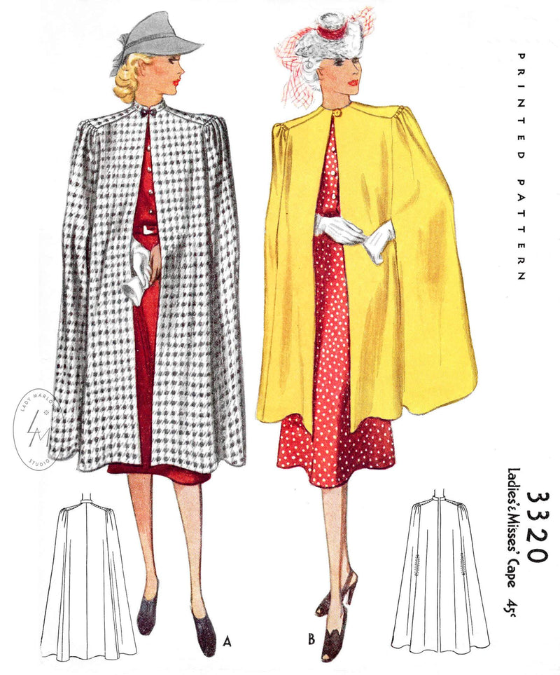 1930s 1940s outwear cape McCall 3320 shoulder shirring armhole slits single button fastening vintage sewing pattern reproduction