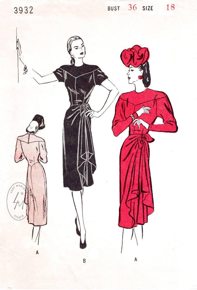 Butterick 3932 1940s noir dress draped skirt vintage sewing pattern repro