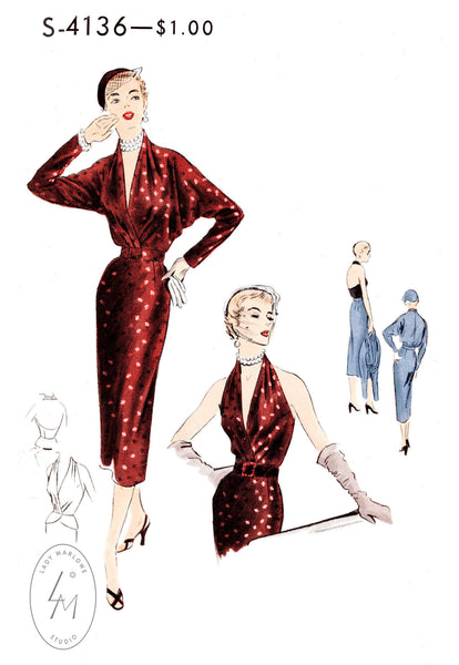 1950s beach dress halter plunge back vintage sewing pattern 7375 – Lady  Marlowe