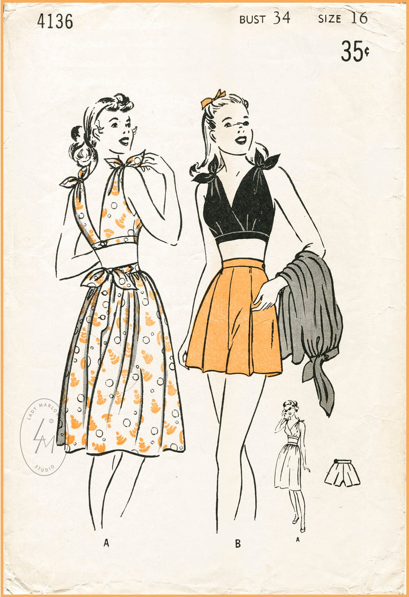 Butterick 4136 1940s crop top high waist skirt vintage sewing pattern