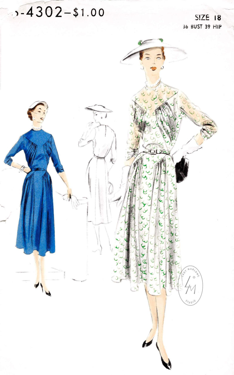 1950s Vogue S-4302 day or afternoon dress vintage sewing pattern ruching draped bodice and skirt repro