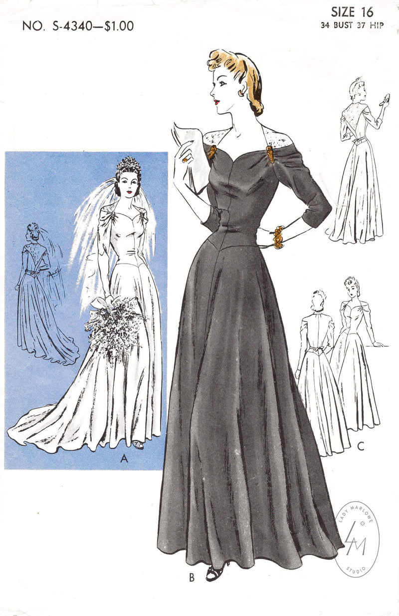 1940s vintage wedding dress or evening gown sewing pattern reproduction Vogue Special Design 4340 bias cut molded bodice & lace insets
