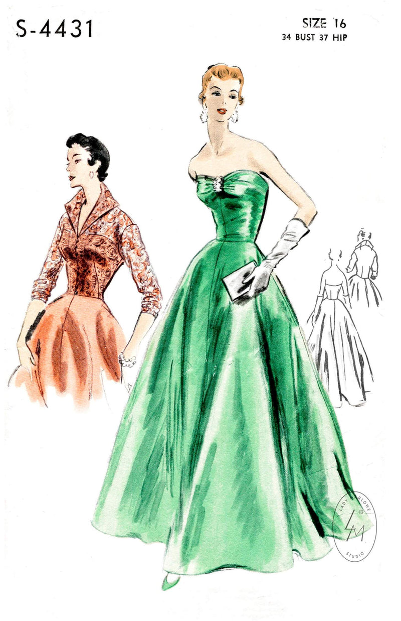 1950s vintage evening dress Vogue S-4431 strapless ball gown & jacket ensemble sewing pattern