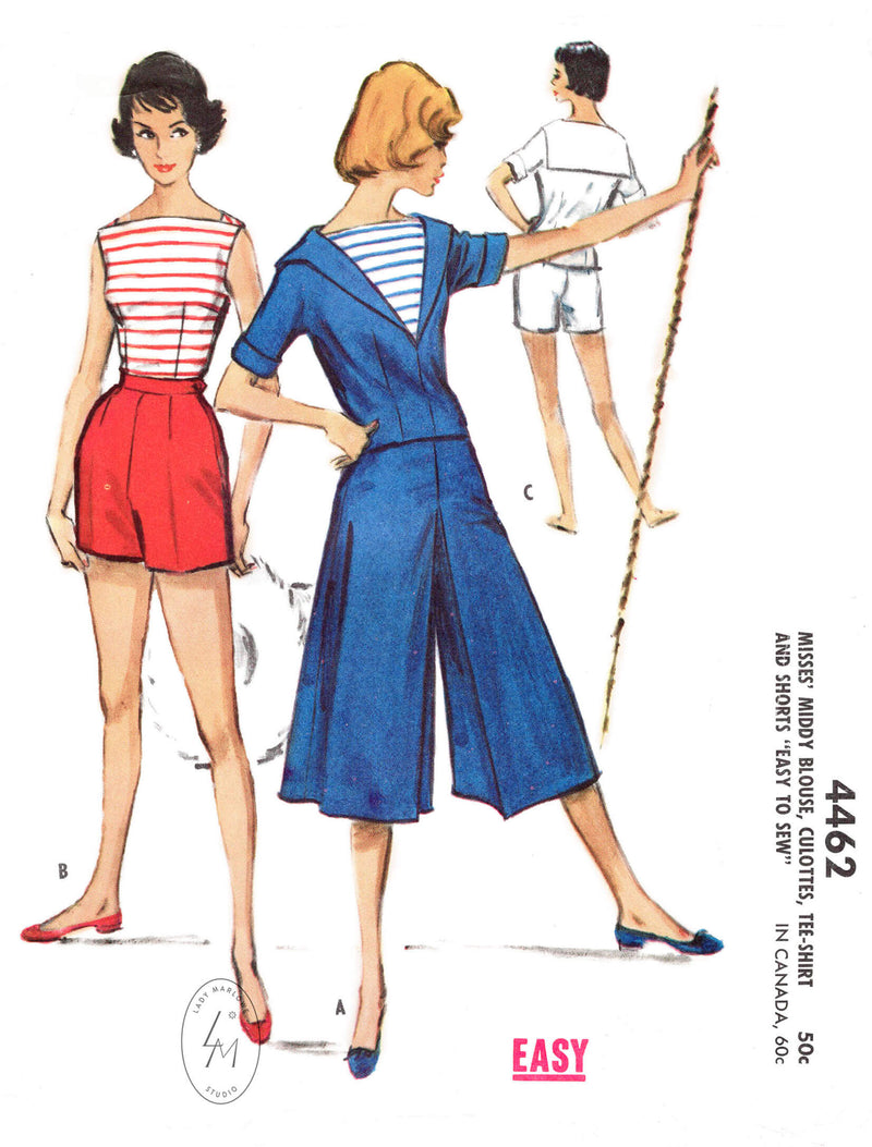 1950s 4 piece sewing pattern reproduction - sailor blouse, boat neck top, high waist shorts, wide leg culottes. McCall's 4462