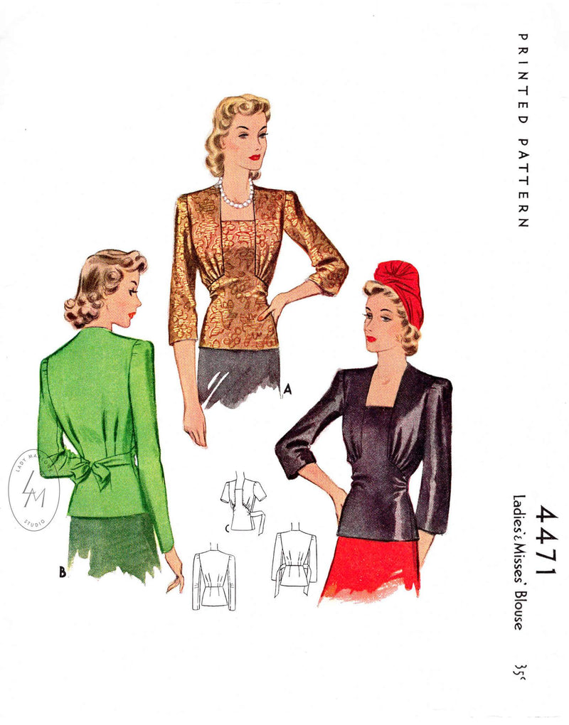 1940s 40s film noir blouse McCall 4471 square neckline 3 sleeves styles vintage sewing pattern reproduction