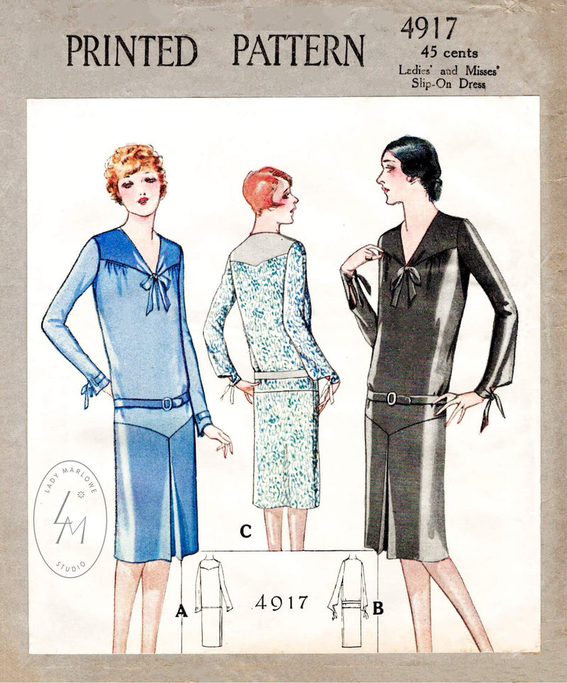 McCall 4917 1920s 20s 1928 slip on dress bow fastening vintage sewing pattern reproduction