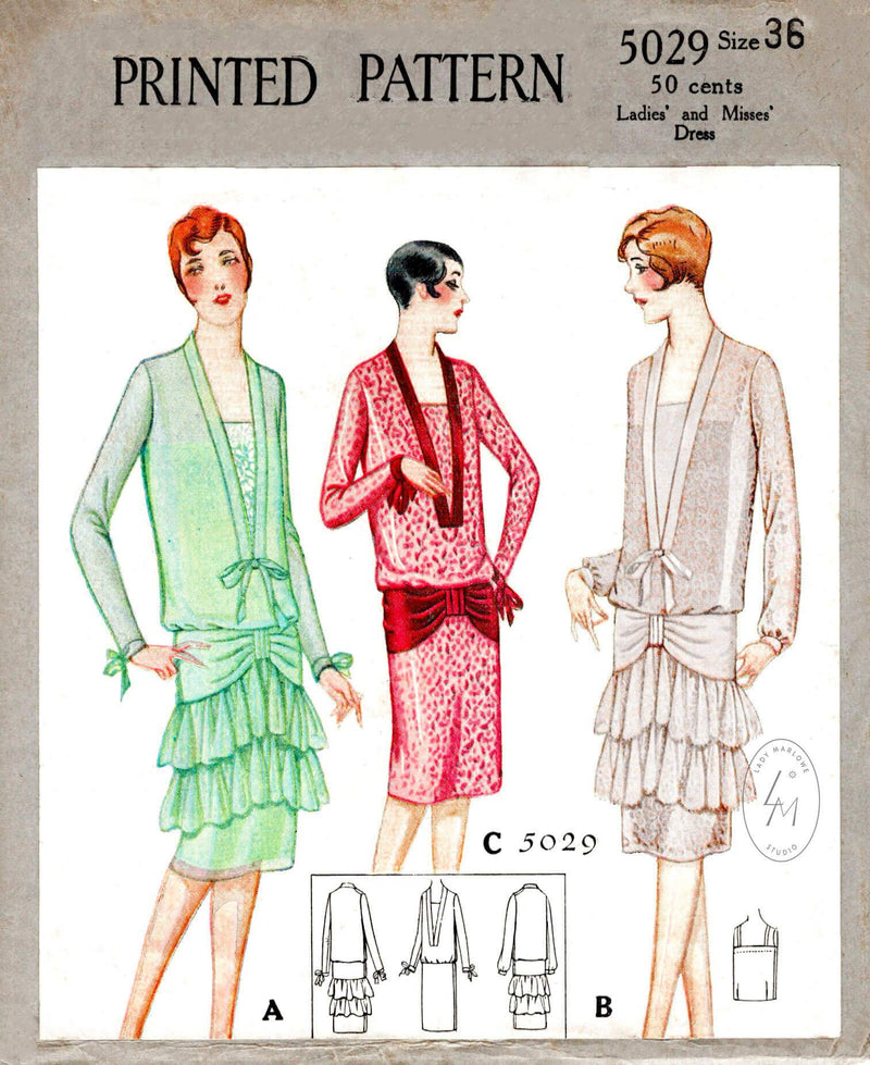McCall 5029 1920s 1927 Agnés of Paris vintage couturier flapper dress evening cocktail tiered ruffles sewing pattern