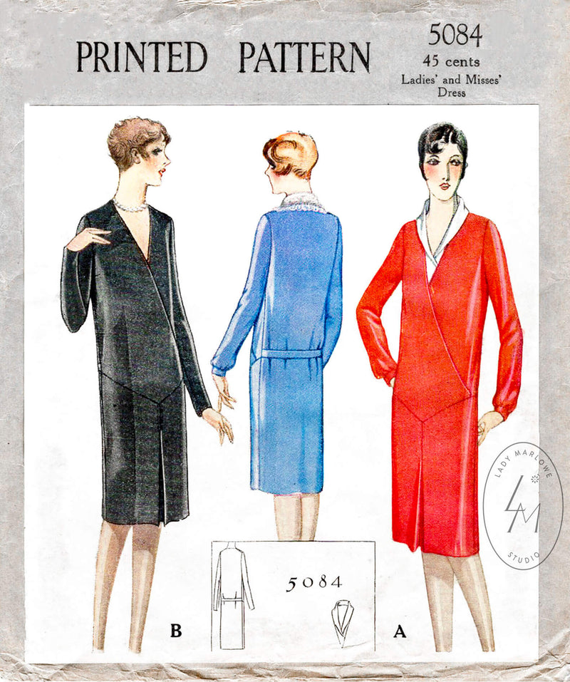 1920s 1927 McCall 5094 flapper era drop waist dress v neckline faux wrap bodice shawl collar vintage sewing pattern reproduction