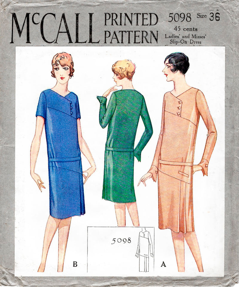 1920s 1927 McCall 5098 drop waist dress art deco seams vintage sewing pattern reproduction