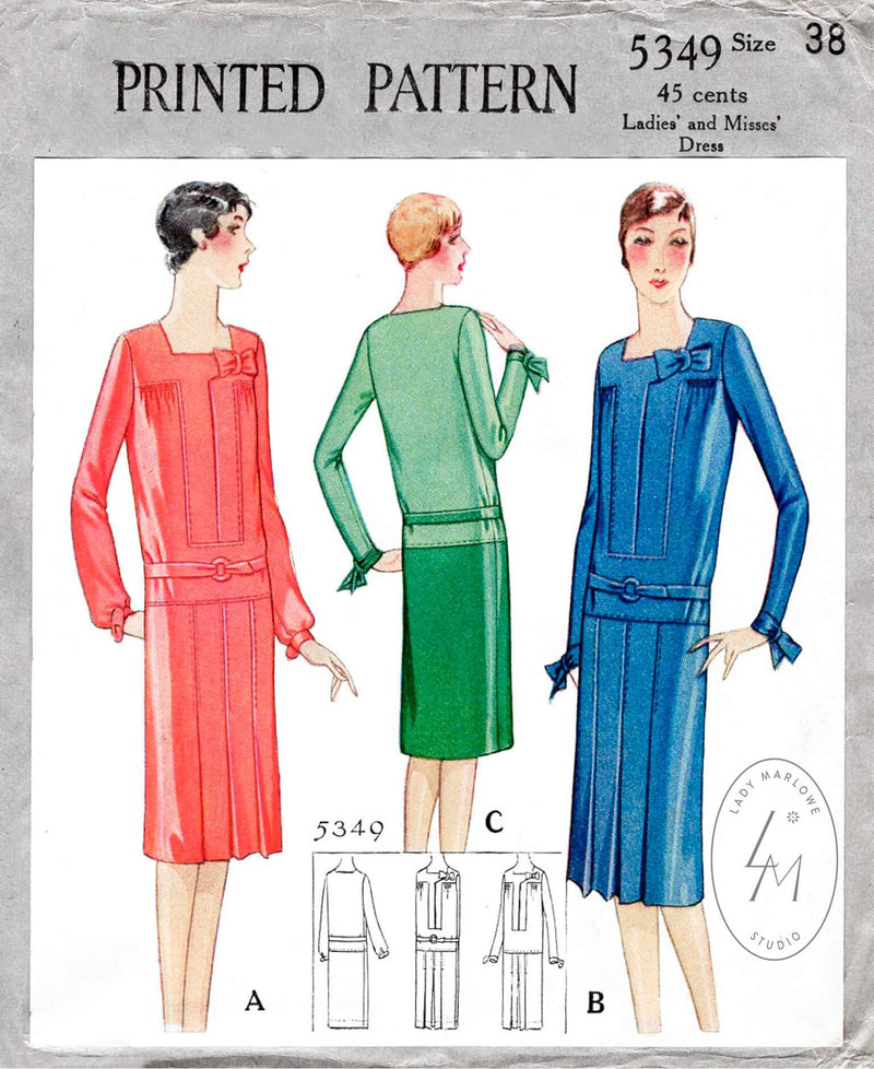 1920s 1928 McCall 5349 art deco dress flapper era pleated skirt decorative bow vintage sewing pattern reproduction