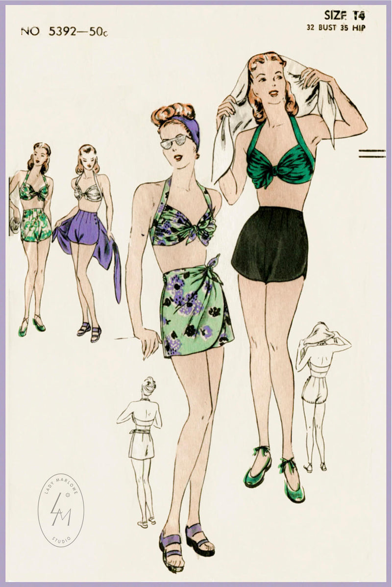 Vogue 5392 1940s sarong skirt bikini swimsuit vintage sewing pattern