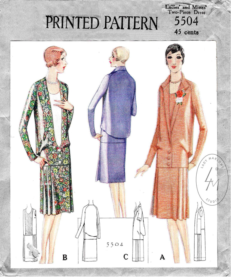 McCall 5504 1920s 1928 flapper era drop waist dress single breasted jacket vintage sewing pattern reproduction