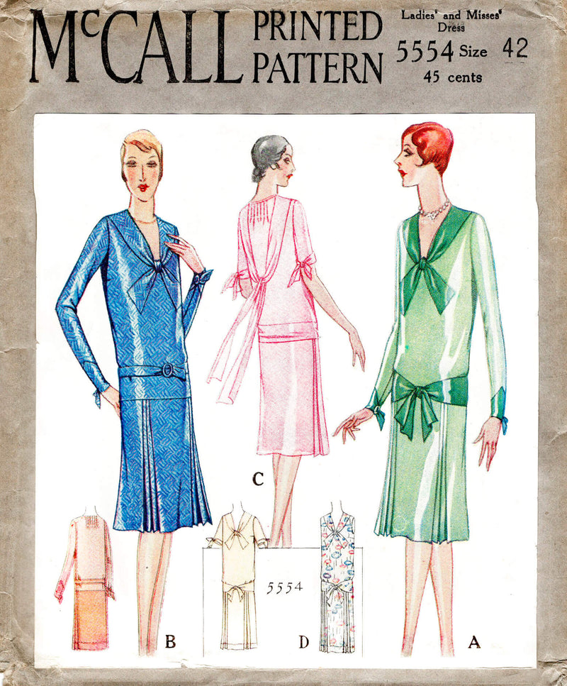 McCall 5554 1920s 1928 afternoon cocktail dress wide bow collar scarf attachment pin tucks vintage sewing pattern reproduction