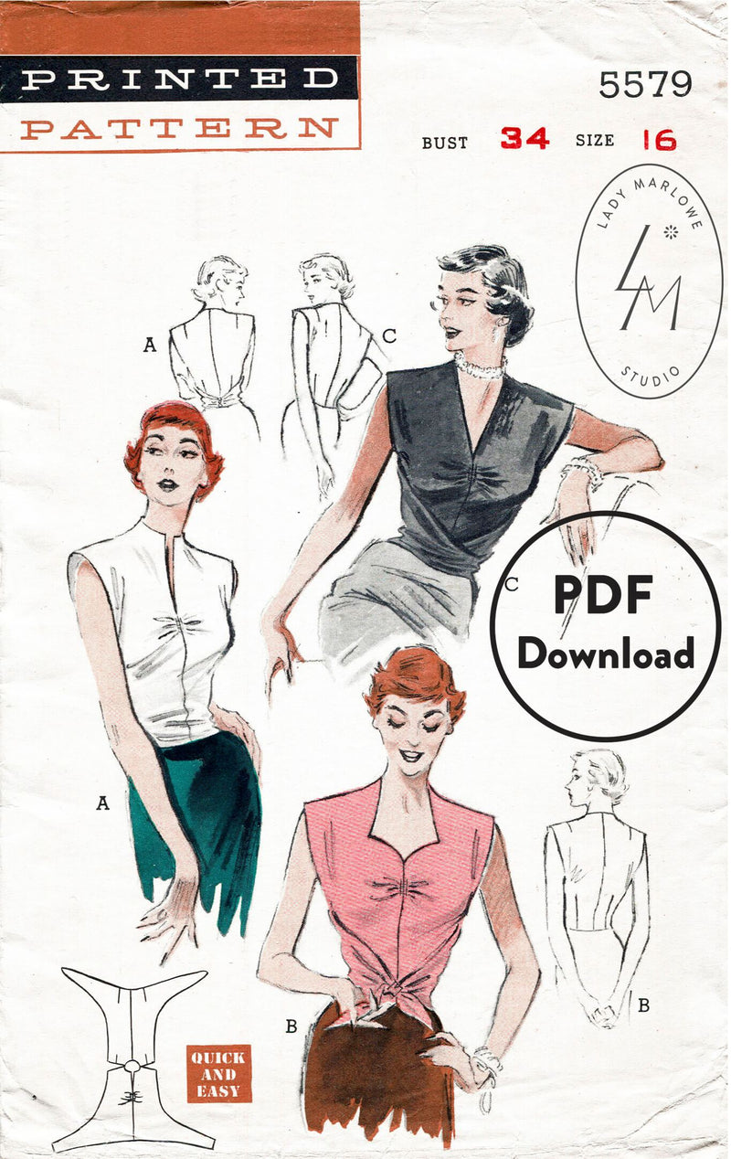 Butterick 5579 1950s blouse sewing pattern 1950 wrap top PDF download