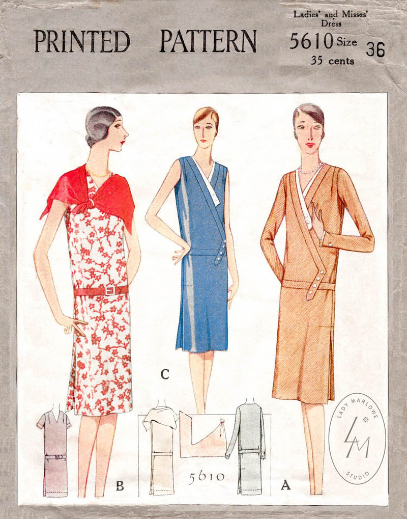 McCall 5610 1920s 1928 flapper dress kerchief shawl sewing pattern reproduction