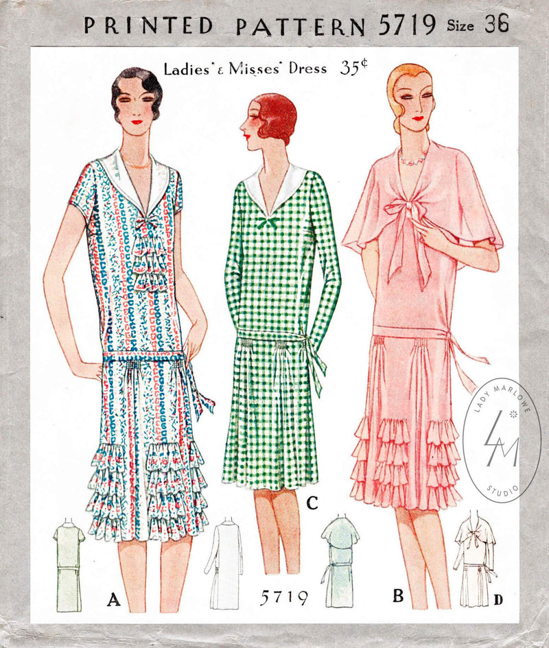 1920s 1928 McCall 5719 drop waist flapper party dress tiered ruffle skirt vintage sewing pattern reproduction