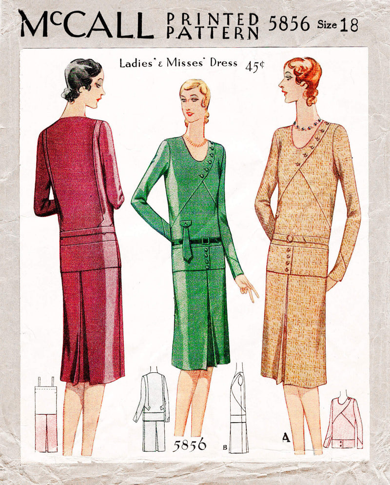 1920s 1929 McCall 5856 drop waist dress art deco seam detail vintage sewing pattern reproduction