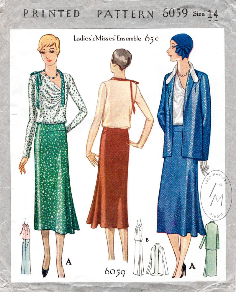 McCall 6059 1930s 30s dress asymmetric blouse soft draped gathers box jacket flared skirt vintage sewing pattern reproduction