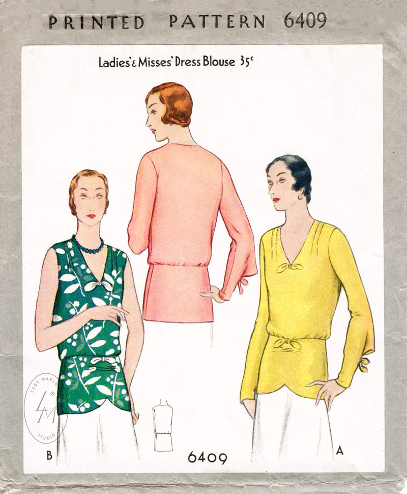vintage sewing pattern 1930s blouse peplum waist 2 styles repro McCall 6409