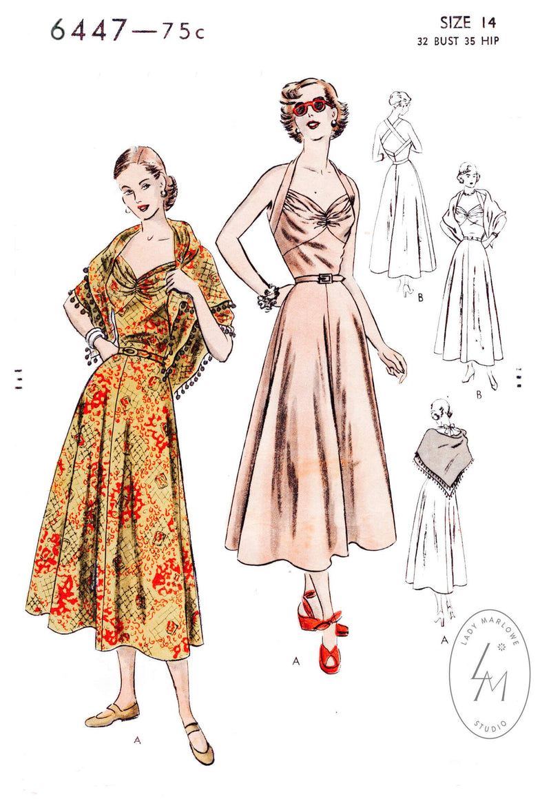 Vogue 6447 1950s halter dress rockabilly swing skirt beachwear sewing pattern repro