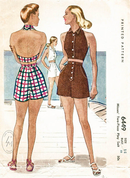 1940s crop top halter high waist shorts vintage beachwear sewing