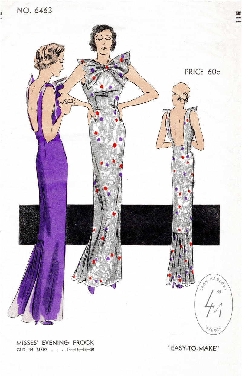 Vogue 6463 1930s evening gown Art Deco dress vintage sewing pattern reproduction