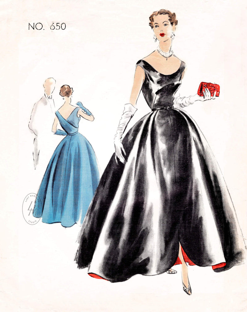 1950s 1951 Vogue Couturier 650 bardot neckline evening dress ball gown vintage sewing pattern reproduction clover leaf skirt