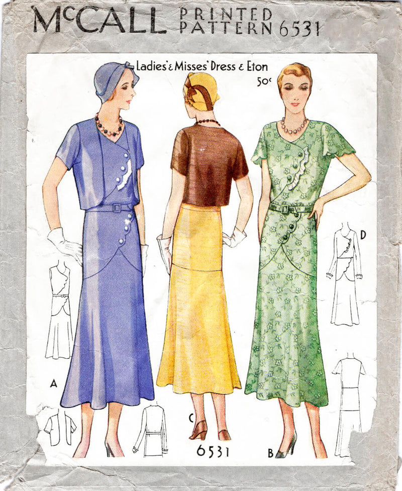 1930s 1931 dress McCall 6531 scallop edge detail eton jacket vintage sewing pattern reproduction