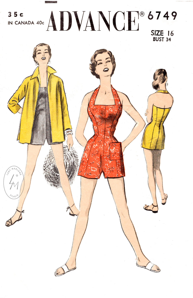 1950s 1960s bathing suit pattern Advance 6749 beachwear coat playsuit halter