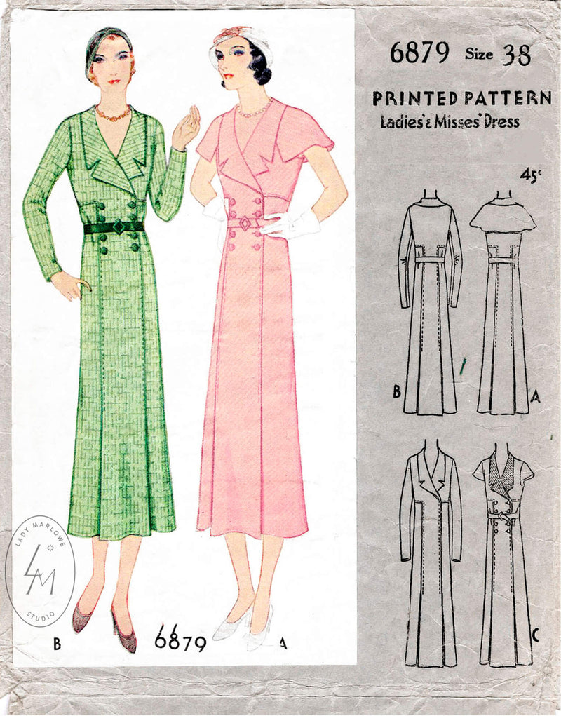 McCall 6978 1930s 1932 suit dress double breasted cape sleeves vintage sewing pattern reproduction