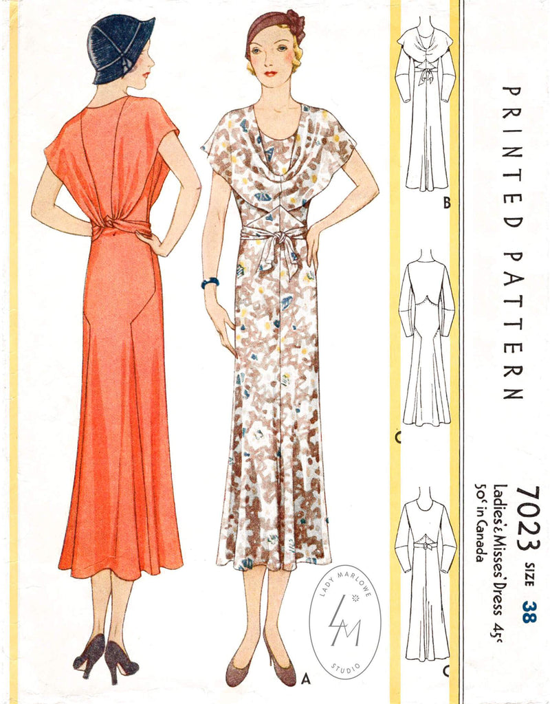 McCall 7023 bertha layered dress wrap ties 1930s 1932 vintage sewing pattern reproduction