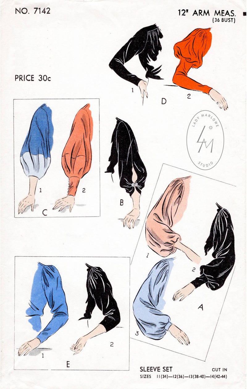 1930s set of sleeves vintage sewing pattern reproduction Vogue 7142 