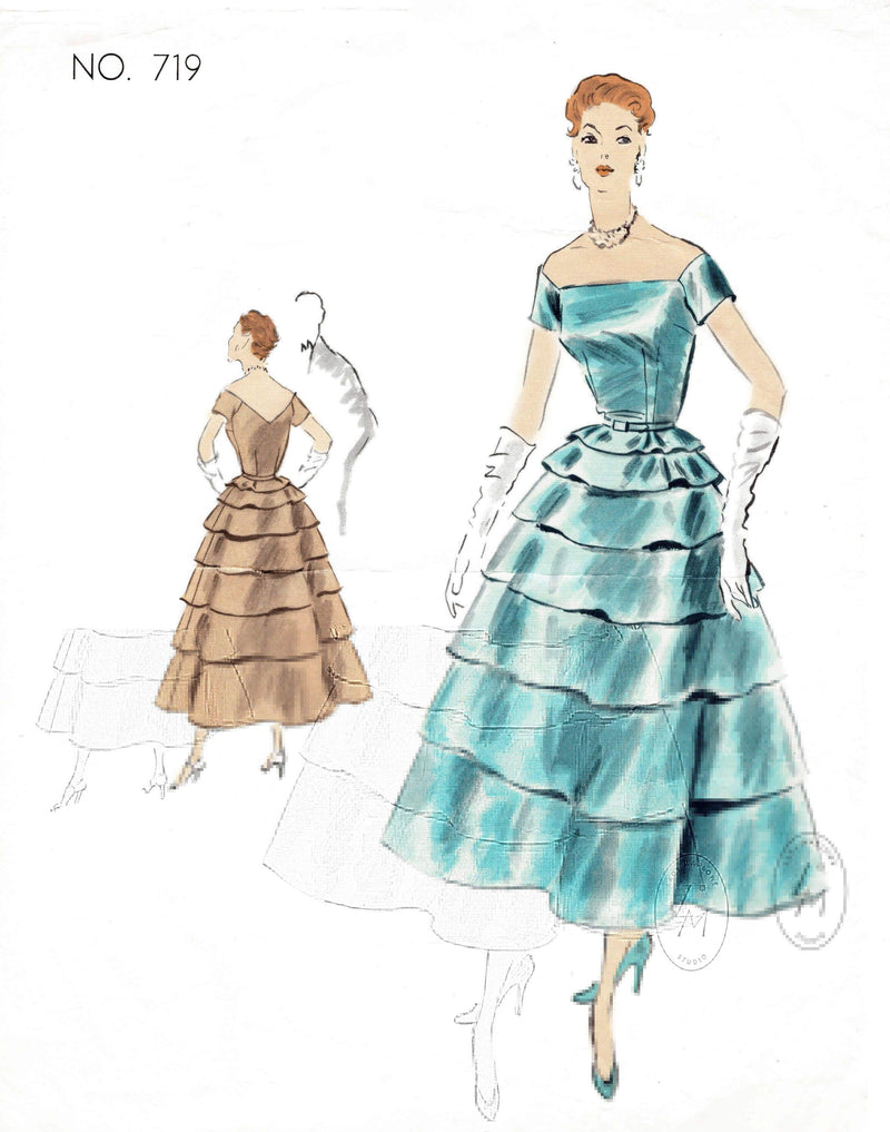 1950s Vogue Couturier 719 vintage sewing pattern tiered evening ball gown wide neckline repro