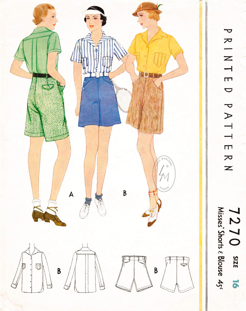 McCall 7270 1930s 1933 blouse shorts vintage sewing pattern ensemble