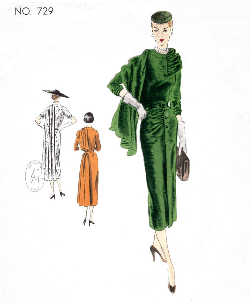 Vogue Couturier 729 1950s afternoon dress vintage sewing pattern reproduction draped shawl scarf collar