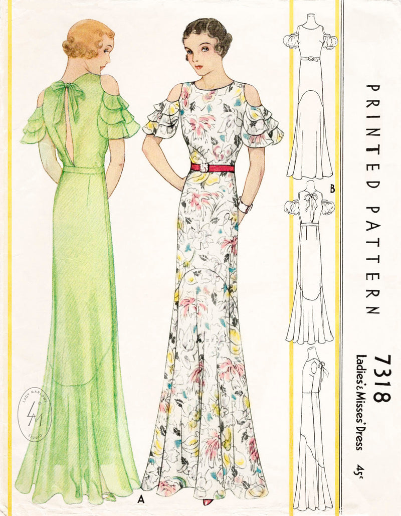 McCall 7318 1930s vintage sewing pattern repro evening gown dinner dress ruffle sleeves