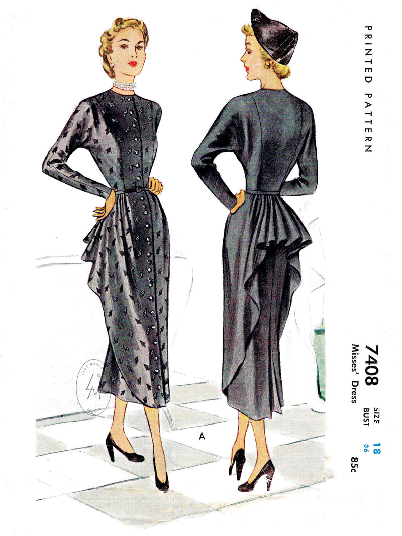 McCall 7408 1940s 1948 bustle skirt vintage dress sewing pattern reproduction