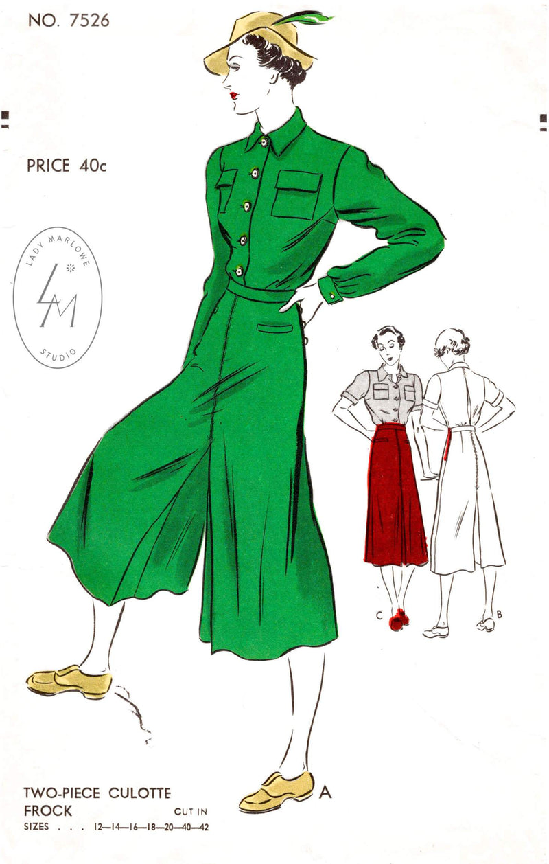 Vogue 7526 1930s wide leg culottes vintage trouser and blouse pattern reproduction